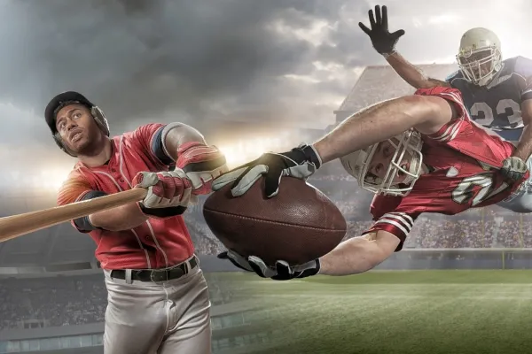 A composite image showing a baseball player swinging a bat on the left, and two football players tackling for a football in mid-air on the right, all in a dramatic stadium setting.